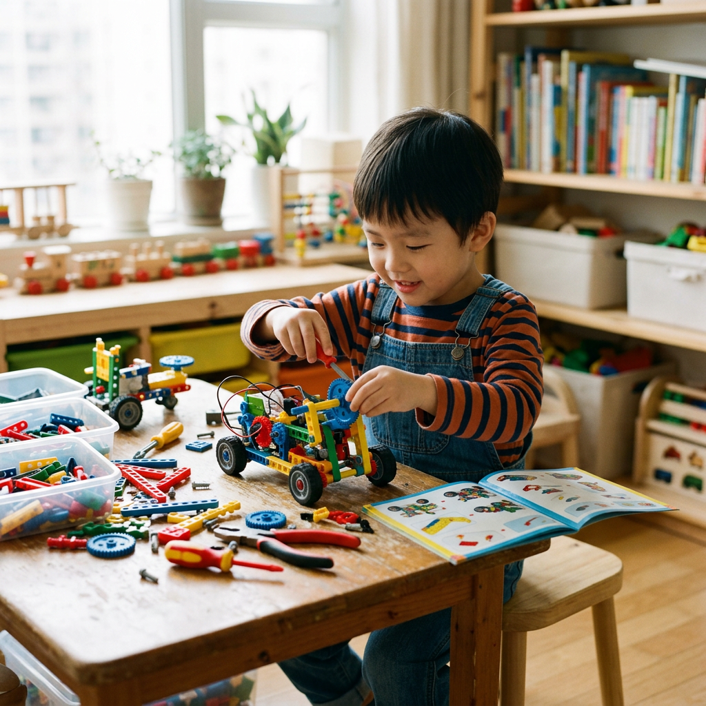 Child assembling a colorful wheeled model with construction pieces at a table