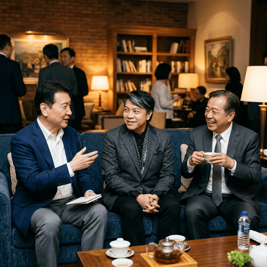 Three men in suits talking and drinking tea in a lounge