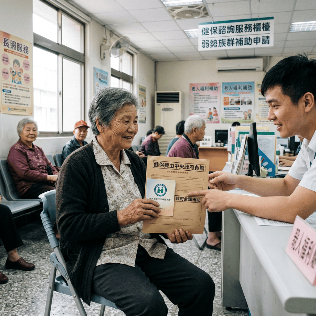 Older woman receives assistance with a health subsidy application at a Taiwanese service counter.