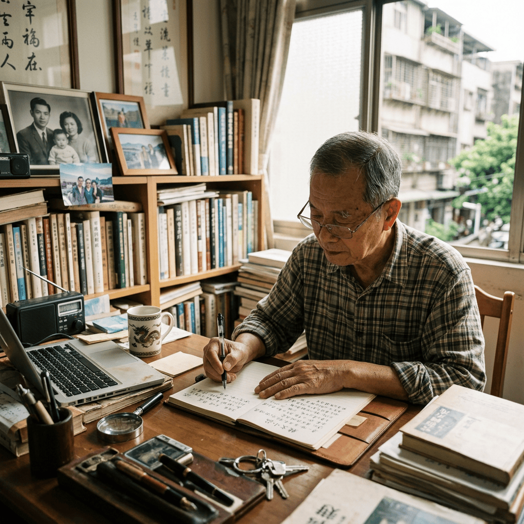 Older man writing in a notebook at a desk surrounded by books and photographs